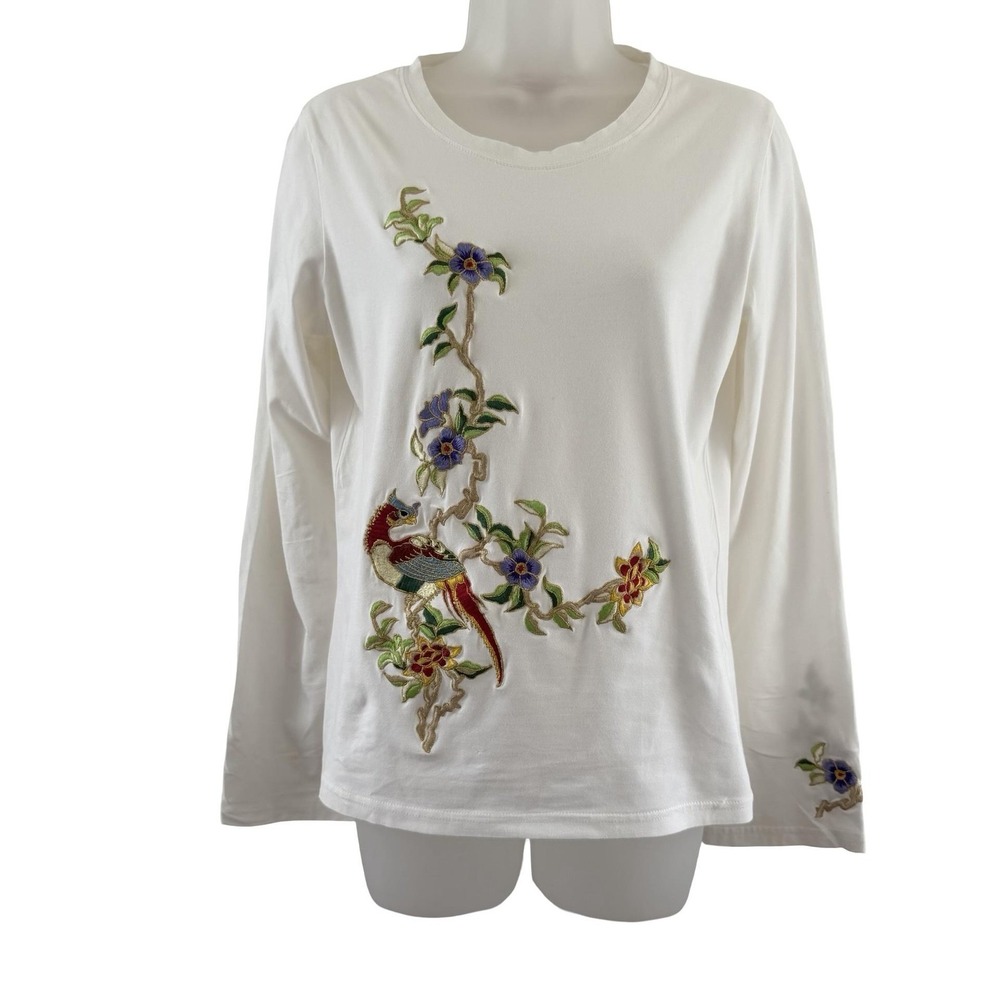 Rene Derby Shirt Womens Large White Embroidered Bird Floral Long Sleeve Top VTG